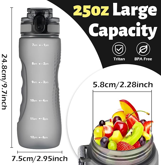 OLDLEY 25 oz Water Bottle, Motivational Water Bottle with Time Marker, Sports Water Bottle With Strap, Leakproof & BPA Free Large Water Bottles for School, Gym, Travel, Outdoor, Tritan,Gray
