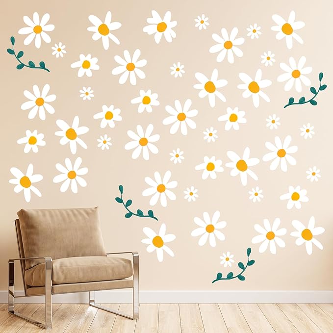 96pcs Cute Daisy Flowers Wall Sticker PVC Colorful Y2k Floral Wall Decor Vinyl Peel and Stick Flowers Stickers for Teen Girls Boy Kids Nursery Bedroom Kindergarten(12 Sheets)