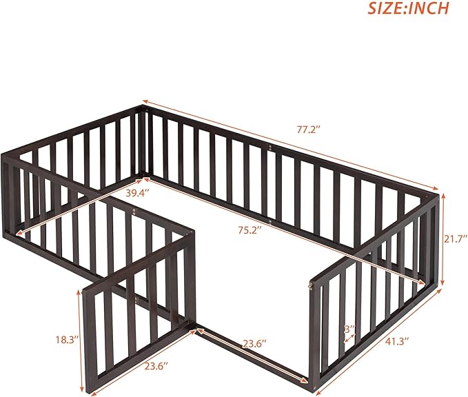 Twin Size Floor Bedframe with Door and Safety Guardrails Fence, Solid Wooden Toddler Montessori Platform Bed for Children Bedroom, Boys Girls, Kids Playroom, for Children Bedroom