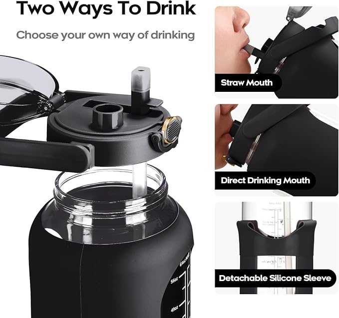 74 oz Glass Water Bolttles with Straw Large Motivational Water Bottle with Time Marker Sports Water Bottles with Silicone Sleeve and Handle Lid 2.2L Water Jug for Gym Workout