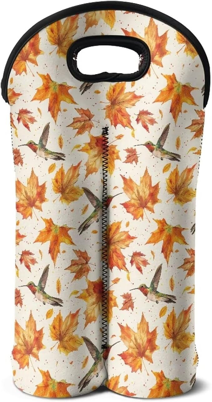 doginthehole 2 Bottle Wine Carrier Tote Fall Maple Leaves Hummingbirds Print Wine Bag 750ML Portable Neoprene Wine Bottle Travel Protector Champagne Bag with Handle for Picnic, Thanksgiving Party