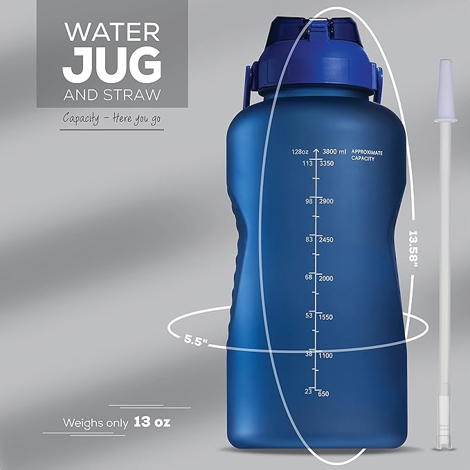 Motivational Water Bottle with Straw & Handle,One Gallon Water Bottle 128 oz/3.8L,Reusable Water Jug, Achieve All-Day Hydration SpillProof, BPA FREE
