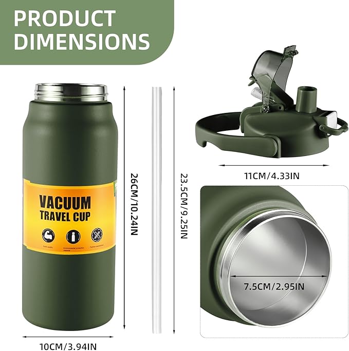 ColorSub 50oz Insulated Water Bottle With 2-in-1 Straw and Chug Leakproof Lid, BPA Free Stainless Steel Wide Mouth Sports Water Cup Flask Army green