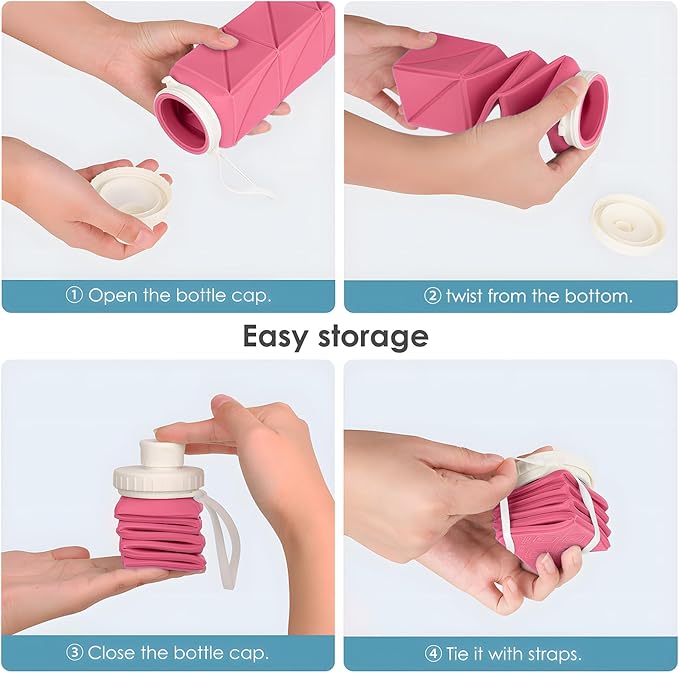 Collapsible Water Bottles,BPA-Free Leak-Proof Silicone Foldable Water Bottle Cup 20.6oz,Durable Lightweight Bottle for Gym Travel Camping Hiking Running (Pink)