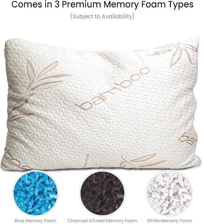 Sleepsia Standard Size Rayon Derived from Bamboo Pillow - Adjustable Shredded Memory Foam Neck Support Pillow, Breathable Pillow for Side, Back & Stomach Sleepers - Sleeping Pillow with Washable Cover