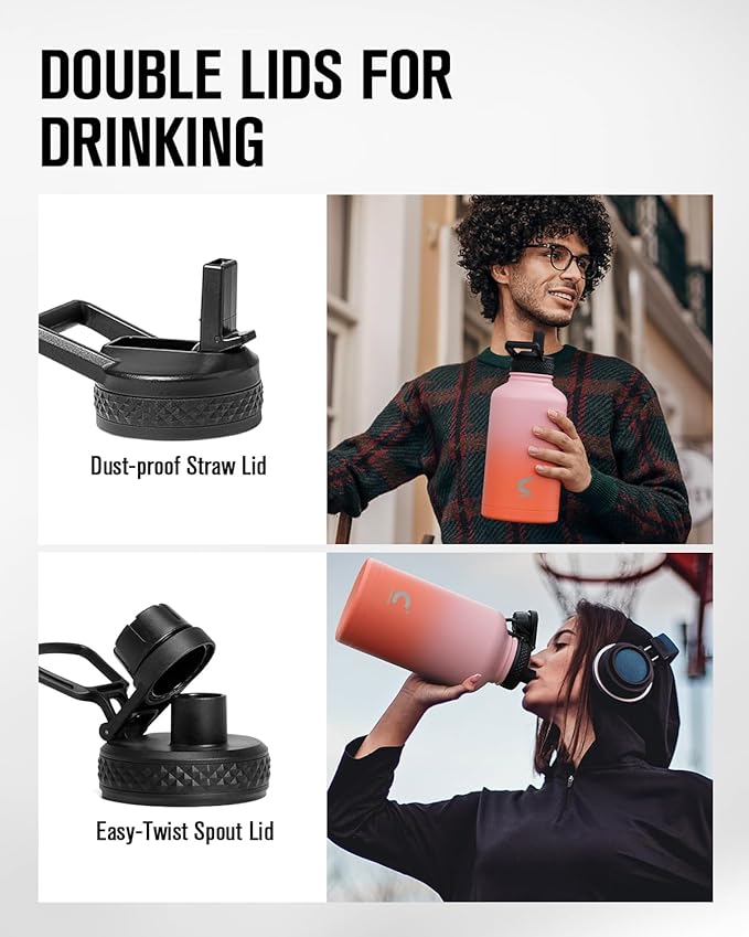 Coolplus Insulated Water Bottle 64 oz, Half Gallon Water Jug With Straw Stainless Steel Double-Walled Vacuum Metal Large Flask With Carry Sleeve for Sports Gym Ourdoor, Keep Cold 48 Hrs, Orange