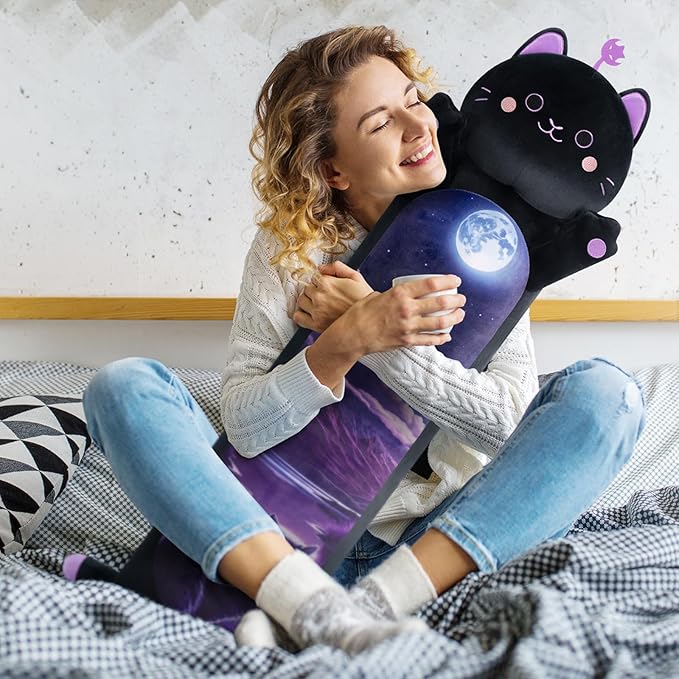 Long Cat Plush Kawaii Kids Plush Toy Pillows, Cute Black Cat Stuffed Animals Soft Plushies, Kitten Big Plush Toys Throw Body Pillow Doll Gift for Girls Boys (Purple Devil Cat 44 Inch)
