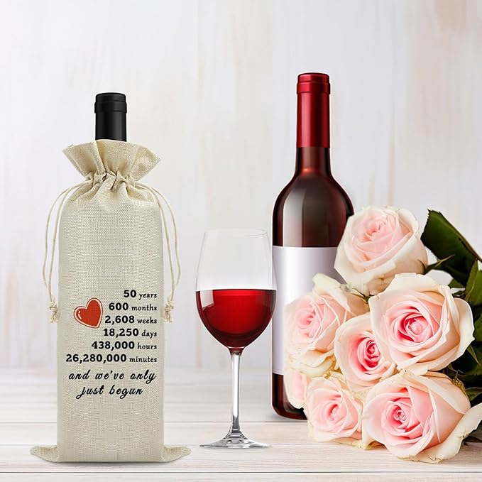 50th Year Marriage Gift for Couple Wife Husband Wine Bag 50th Anniversary Wedding Gift for Women Men Wine Gift Bag Birthday Christmas Valentine Gift for Him Her Drawstring Wine Wrapping Bag