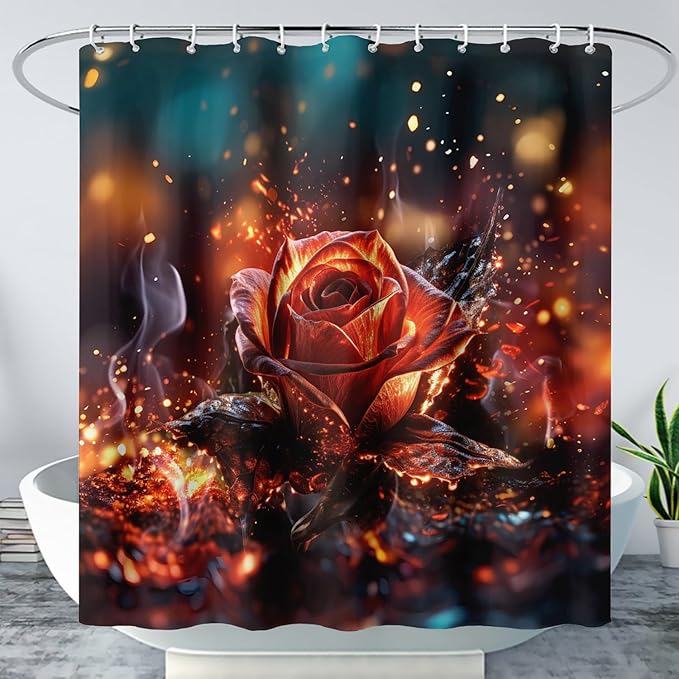 AILONEN 3D Rose Shower Curtain for Bathroom, Romantic Flame Smoky Rose Flower Bath Curtain,Burning Rose Shower Curtain Decoration Waterproof with 12 Plastic Hooks, 72" W*72" H