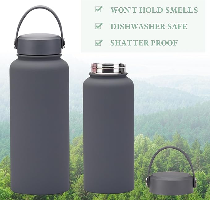 Grey 32 OZ Insulated Water Bottle, Dark Gray Large Metal Insulated Stainless Steel Water Flask, Big Sports Travel Water Bottle with 2 Lids, Insulated Thermos Thermal Mug Cup
