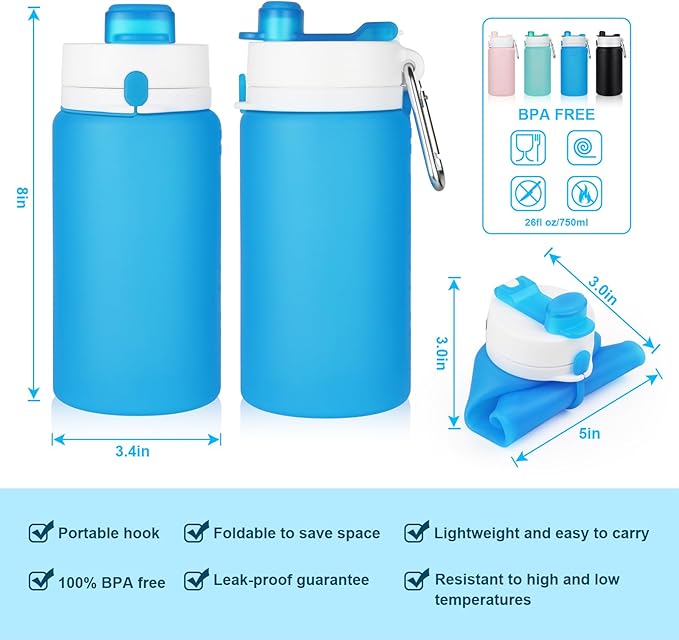 Collapsible Water Bottle, Foldable Water Bottle BPA Free Reusable Lightweight Leak-Proof Travel Silicone Water Bottle for Travel, Gym, Hiking, Office, Camping
