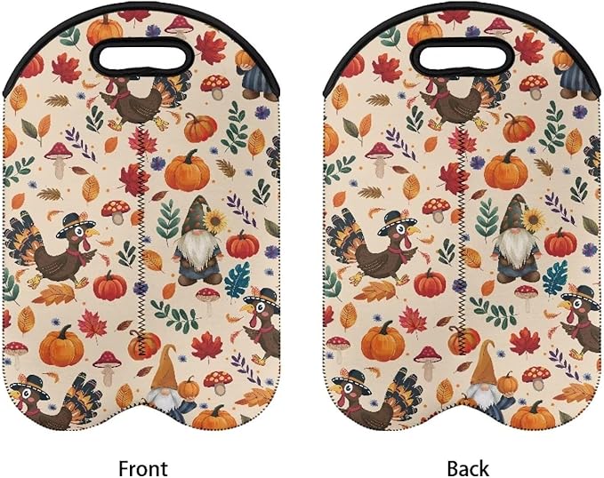 doginthehole Thanksgiving Gnomes Wine Bottle Tote, 750ml 2 Bottles Hand-Held Neoprene Wine Bottle Bag Hand Bag for Travel with Carry Handle, Fall Pumpkin Turkey Champagne Bottles Carrying Case