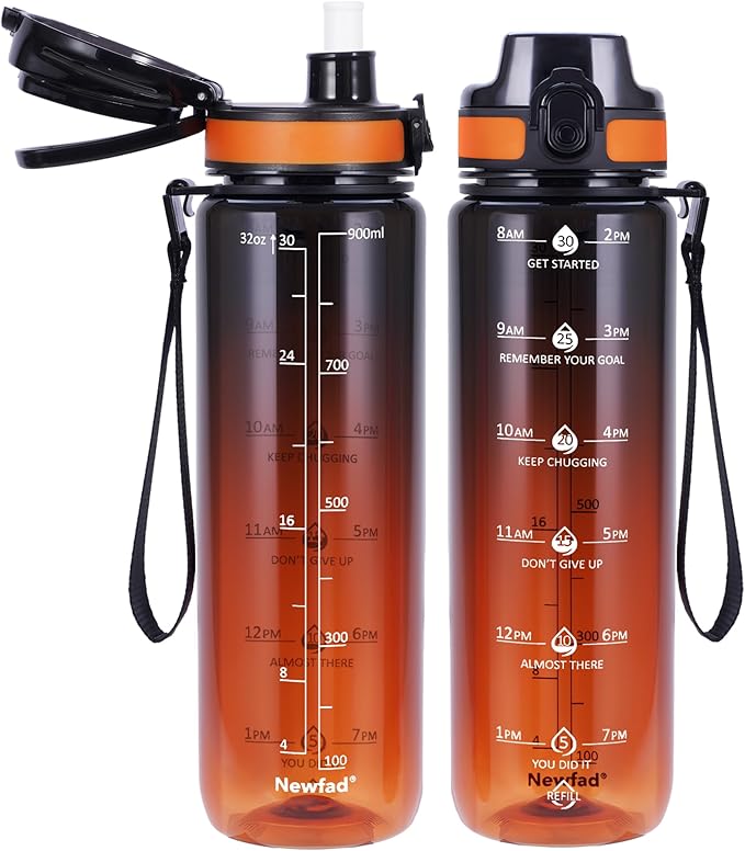 32 oz Water Bottle with Detachable Straw, Clear Motivational Water Bottles with Time to Drink, Tritan & BPA Free Sports Water Jug with Time Marker, Upgraded handle design