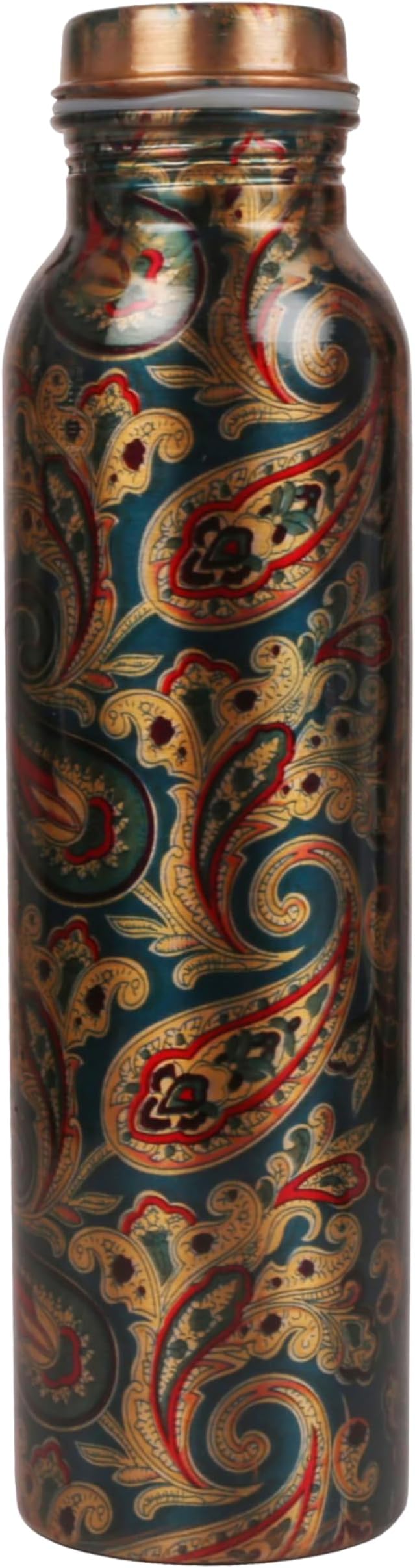 Pure Copper Water Bottle - Handcrafted - Ayurveda Health Benefits -Paisley Floral Prints 35 OZ - Leak proof - Easy to carry For Sports, Fitness, Yoga, School - Vintage Enamel.