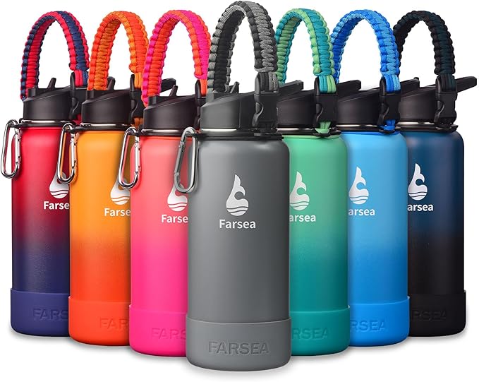 Farsea Insulated Water Bottle With Paracord Handle, Protective Silicone Boot and 2 Lids (Straw Lid & Spout Lid), Stainless Steel Water Bottle Wide Mouth, Double Wall Sweat-Proof BPA-Free,32 oz