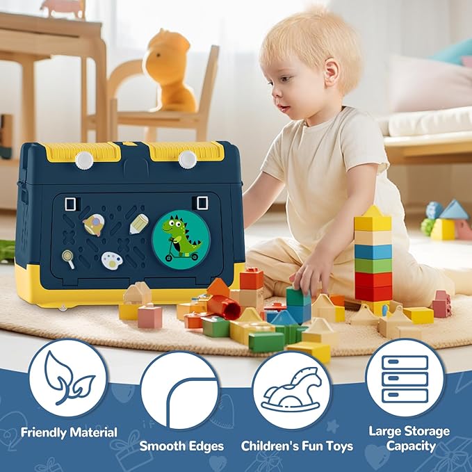 Toy Box Chest with Lid, Dinosaur Collapsible Storage Organizer for Kids Boys Girls, Plastic Stackable Toddler Toy Bins with Double Door Lid (Blue)