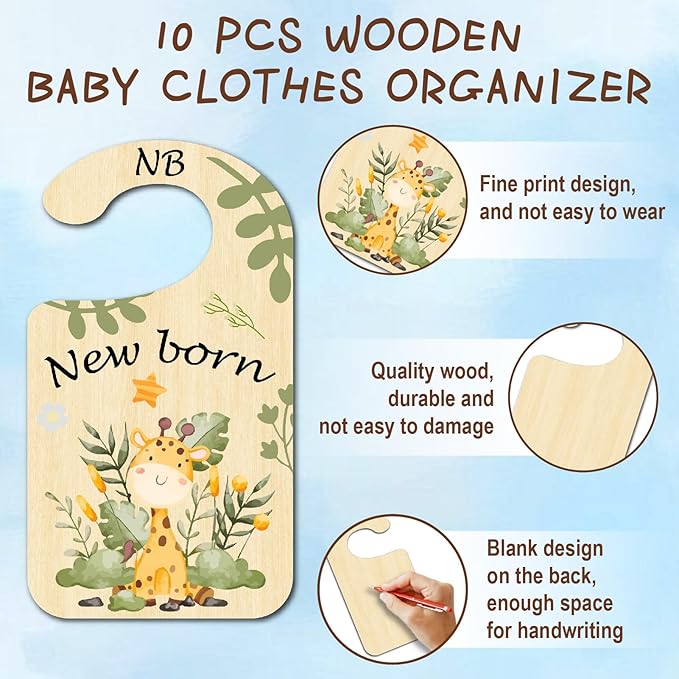 CRASPIRE 10Pcs Animals Wood Baby Wardrobe Dividers Leaf from Newborn to 36 Month Hanger Seperaters Woodland Baby Closet Organizers Nursery Infant Wardrobe Hangers Divider for Newborn Shower Nursery