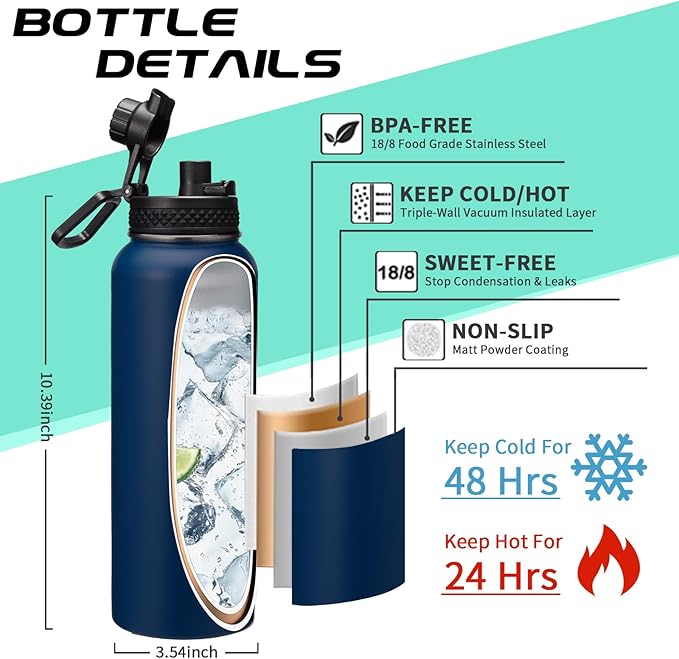 Water-Bottle Insulated 40oz with Straw - Carrying Pouch & Paracord Handle, Leakproof Thermo Flask Bottle Keep Cold 48H Hot 24H, Sport Canteen Stainless Steel Water Bottle for Indoor Outdoor