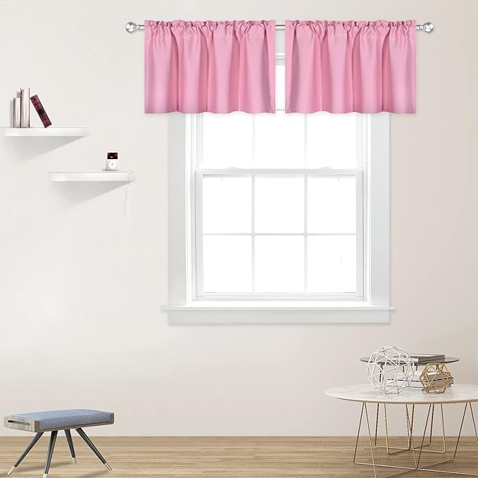 Baby Pink Valance for Windows 42x18 Inch Solid Thermal Insulated Blackout Rod Pocket Kitchen Short Curtain Toppers Valance for Bathroom Living Room 2 Panels
