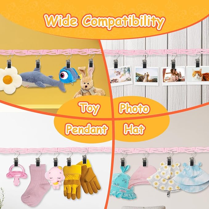 Stuffed Animal Storage Chain 80 Inch, 4pcs Pink Hanging Stuff Animals organizer, Cotton Toy Display Chain with 80 Clips, Toys Organizers Holder for Toddler Kids Nursery Room Wall Corner Decor