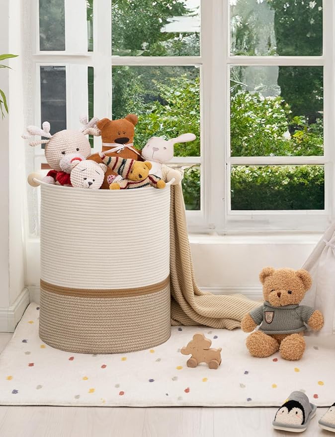 StorageWorks 72L Cotton Rope Laundry Basket with Wooden Beads Handles, Woven Basket for Storage, Dirty Clothes, Kids Toys, Towels, White & Khaki