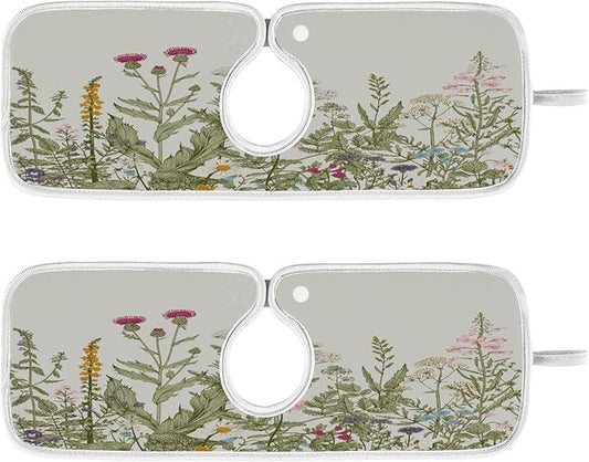 Kitchen Faucet Absorbent Mat, Herbs Wild Flowers Plant Water Splash Guard for Sink, Faucet Drip Catcher Thicken Sponge Microfiber Faucet Water Catcher Mat Sink Absorbent Mat for Kitchen 14x5in 2 Pack