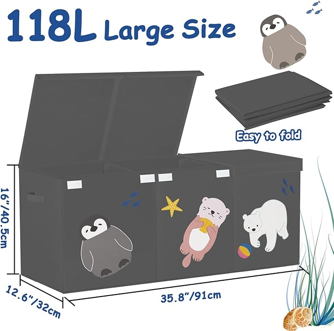 Large Toy Box Storage Chest,Sturdy Toys Storage Organizer Bin Basket with Dividers and Lids for Toddlers,Boys,Girls,Nursery,Closet,Living Room Area,Playroom(Grey Animals)