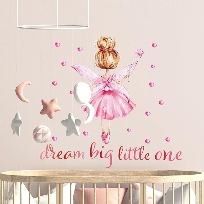 Back of Little Ballerina Wall Decals for Girls Bedroom Princess Wall Stickers Pink Kids Room Decor Decoration Watercolor Wall Murals Peel and Stick for Playroom Classroom Living Room Nursery