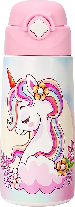 Kids Insulated Water Bottle with Covered Pop-Up Straw,16oz Toddler Cups with Stainless Steel Leak Proof for School Boys Girls Pink（1-Unicorn）
