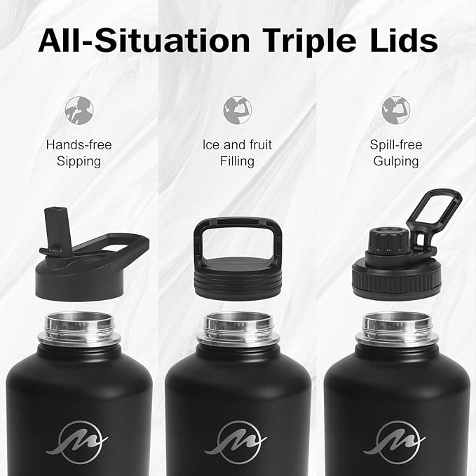 Insulated Water Bottle 64 oz with Straw Lid (3 Lids), Half Gallon Jug Flask, Large Metal Stainless Steel Bottle, 64 oz Double Wall Vacuum Sports Thermo Mug, Cold 48H Hot 24H (Black)