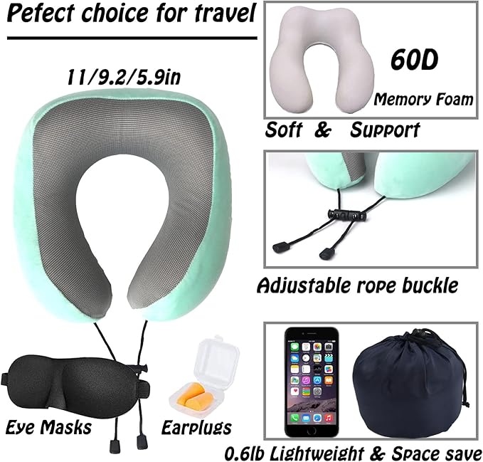 GOTDYA Travel Pillow,Travel Neck Pillows for Sleeping,100% Pure Memory Foam Soft Comfort & Support Pillow for Airplane/Car/Office&Home Rest Use-Blue Green