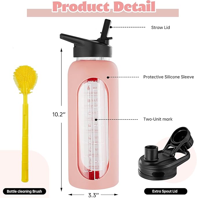 SIEROZUR 32 oz Glass Water Bottle with Straw and Handle Large Sports Motivational Water Bottle with Time Marker and 2 Lids, Leakproof Reusable Water Jug with Silicone Sleeve for Gym