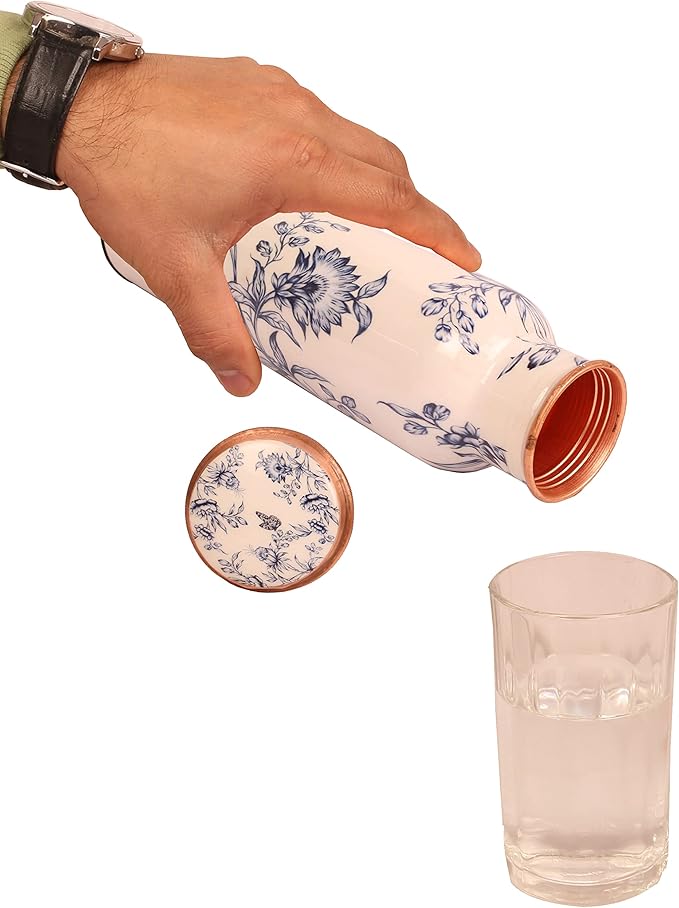 Pure Copper Water Bottle - Handcrafted - Ayurveda health benefits - Large 35 oz - Leak proof - Easy to carry for Sports, Fitness, Yoga, School - White Base Petals Vines Motifs Enamel