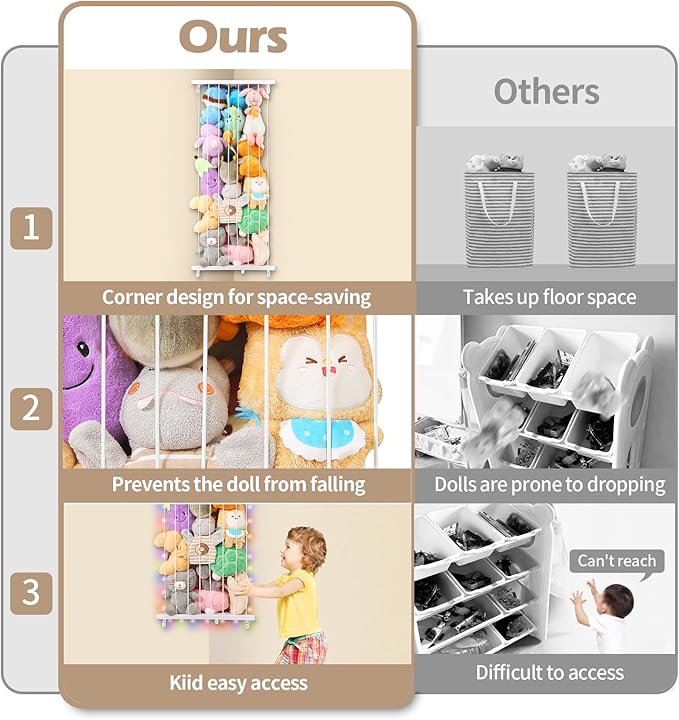 Stuffed Animal Storage Corner Plush Toys Holder with Star Pattern,Stuffed Animals Holder with LED Light,Large Corner Kids Plushies Toys Wall Hangingwith Adjustable Length for Nursery Playroom Bedroom