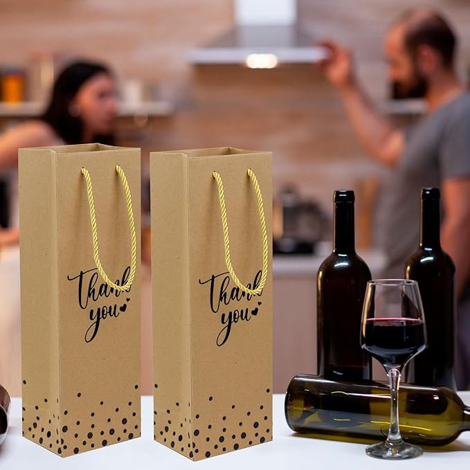 Ssyuysto 12 Pcs Wine Gift Bags for Wine Bottles Elegant Thank You Wine Gift Bags with Metallic Gold Foil Print,4.7"x3.5"x 14.1" Kraft Wine Gift Bags with Rope Handles for Wedding Bottle (Brown)