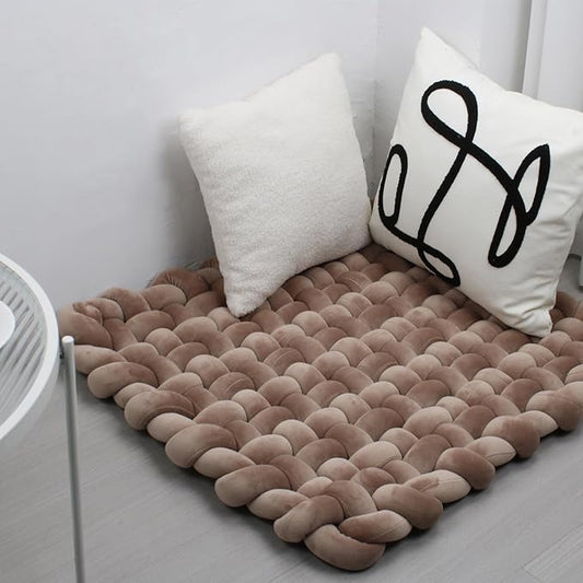 XHJRI Thickened Braided Knot Seat Mat, Knotted Floor Decorative Cushion, Handmade Baby Infant Playing Pad Nursery Rug (27.5 * 31.5 Inch,Brown)