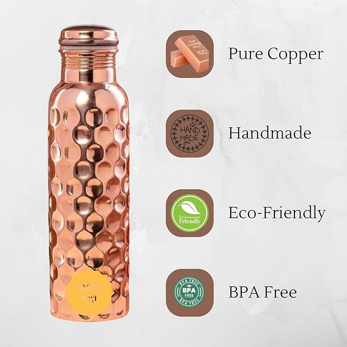 Pure Copper Metal Water Bottle - 32 oz - Indian Handmade Ayurveda Healing Drinking Water Bottle for Travel, Hiking, Gym, Office, Outdoor - Glossy Honeycomb