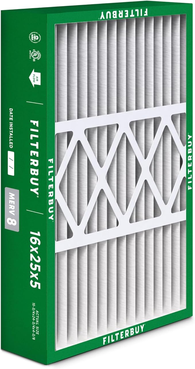 Filterbuy 16x25x5 Air Filter MERV 8 Dust Defense (2-Pack), Pleated HVAC AC Furnace Air Filters for Honeywell FC100A1029, Lennox X6670, Carrier, & More (Actual Size: 15.75 x 24.75 x 4.38 Inches)
