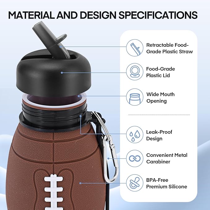 Kids Sports Collapsible Water Bottle | Ball Shaped Drinking Cup | Foldable BPA Free Leakproof Lightweight Silicon Jug | School Lunch Mug Team Gift Travel (American Football 600ml/20.3oz)