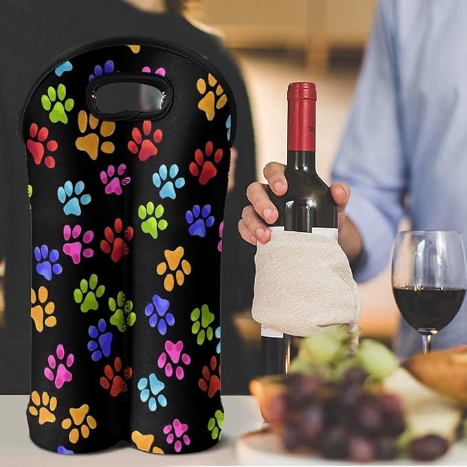 doginthehole Dog Paw Print Wine Carrier Tote 2 Bottle Insulated Wine Tote Cooler Bag Neoprene Wine Bottle Sleeve Portable Wine Gift Bag for Travel Champagne Wine Tasting Party