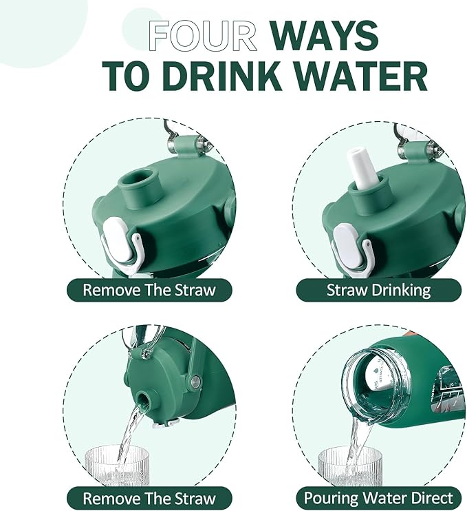 kytffu 56oz Glass Water Bottles with Straw, Motivational Glass Bottle with Silicone Sleeve and Time Marker, Leakproof Large Glass Water Jug for Gym Home Office,Ink green