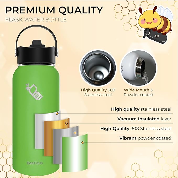 Sports Water Bottle - 32 Oz, 3 Lids (With straw), 50 Cute Stickers, Vacuum Insulated, 308 Stainless Steel, with a Portion of Sales Supporting Bee Conservation Efforts (Forest Green)
