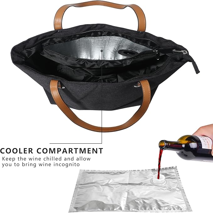 Wine Tote Bag, Beach Wine Cooler Bags for Travel Gift, Leakproof Insulated Purse Carrier with Hidden Spout Compartments, Holds 2 bottles of Wine for Picnic, BYOB Restaurant, Party, Dinner