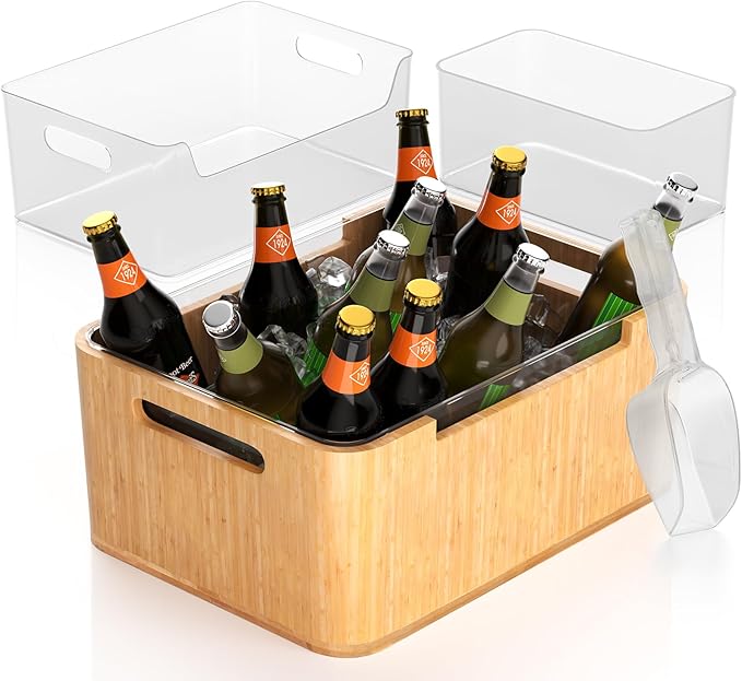 Ice Bucket Kit, 12L Capacity, wooden, Double-Layer Vacuum Insulated, Keeps Ice Cold for Long Time, Includes 5L, 3.5L PET Ice Buckets, Ice Scoop, Perfect for Parties and Gatherings