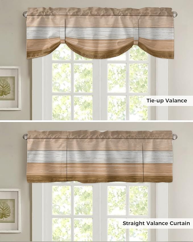 Farmhouse Summer Blackout Tie Up Valance Curtains for Kitchen Windows,Brown Beach Fall Window Toppers Balloon Shades for Living Room/Bathroom/Bedroom,1 Panel,42" X 18" Rustic Barn Wood Texture