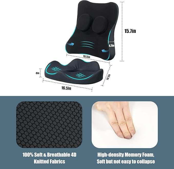 HOMBYS Memory Foam Seat Cushion & Lumbar Support Pillow for Office Chair, 2 Adjustable Sliders Attached on Back Support Pillow to Providing Accurate Support, Lower Back, Hip Pain Relief