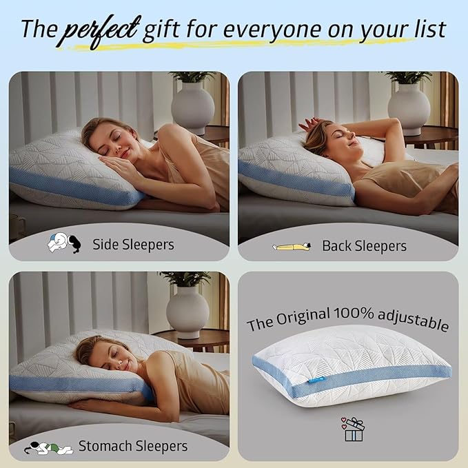 BETU Cooling King Pillow, Shredded Memory Foam Cool Pillow for Hot Sleepers, Adjustable Firm Soft Support Bed Pillows Perfect for Back Neck Pain and Side Sleeping with Pillow Case Cover, Blue