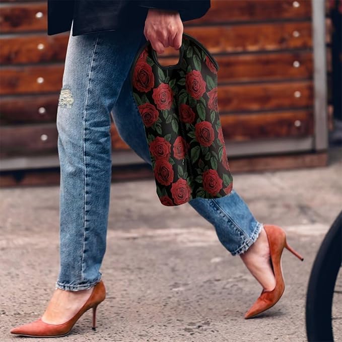 doginthehole 2 Bottles Red Rose Wine Bag Sleeve Neoprene Protective Wine Carrier Bag for Wine,Water, Champagne, Beer Insulated Wine Tote Water Bottle Holder for Travel with Carry Handle