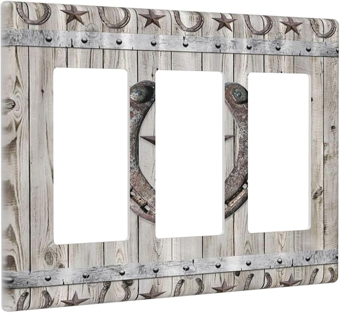 Rustic Western Wood Barn Door Horseshoe Iron Star 3 Gang Rocker Light Switch Covers Triple Outlet Wall Plate Decorative Switchplate Cover Faceplate GFCI for Farmhouse Country Bedroom Decor