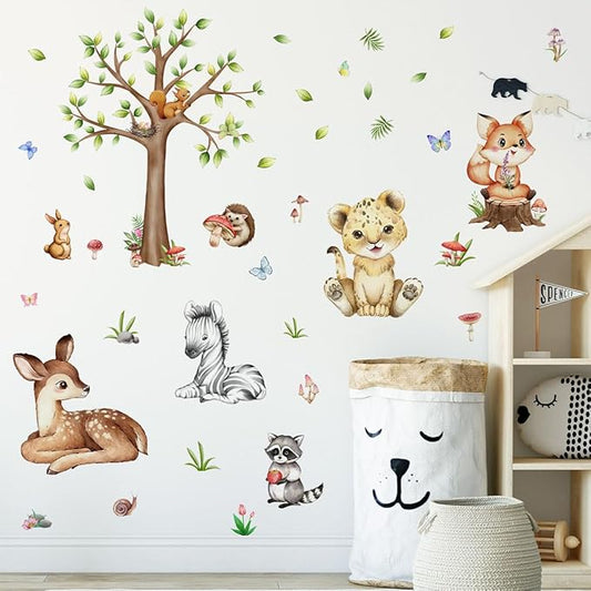 Animal Tree Wall Decals Tiger Fox Deer Zebra Wall Stickers, Removable Kids Toddler Jungle Forest Wall Murals Peel and Stick Wall Art Decor Wallpaper for Kids Bedroom Living Room Wall Décor